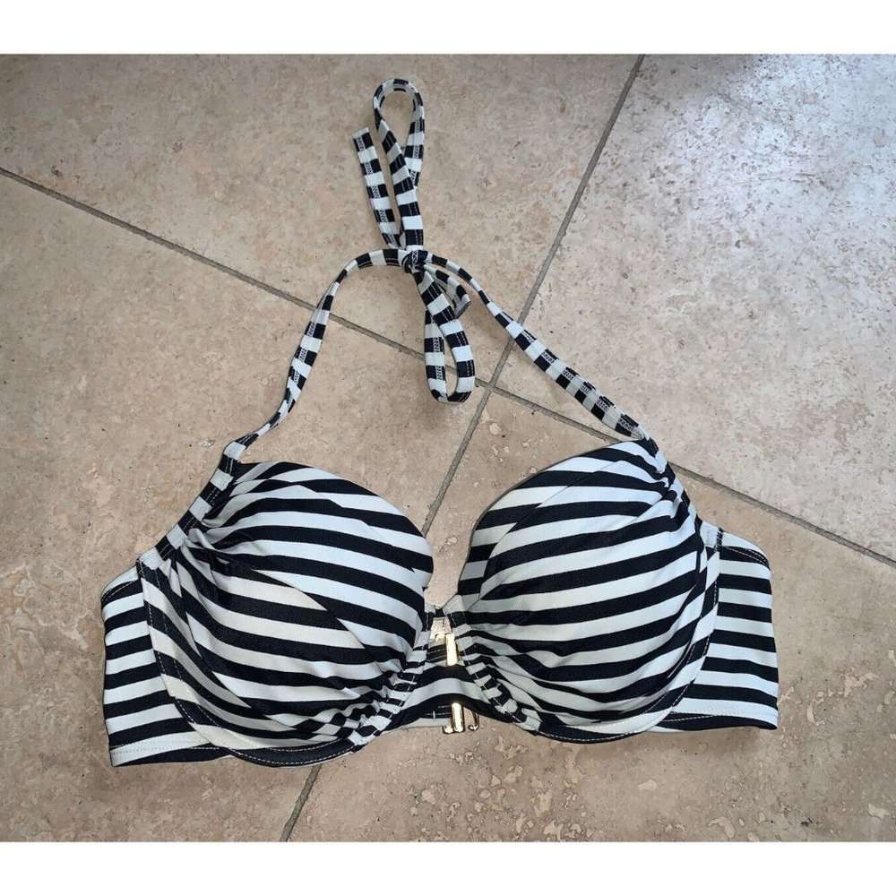 Victoria’s Secret Bikini Top Black White Stripe The Close Up Halter Push Up 36C